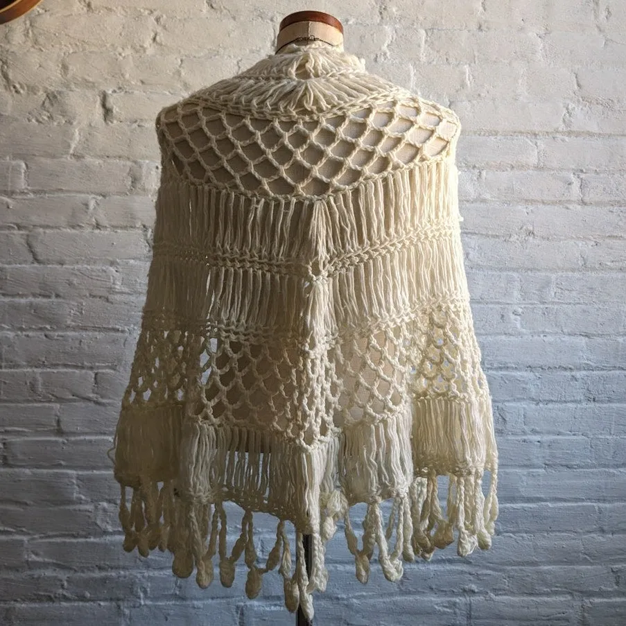 Vintage Japanese Hand Crochet Wrap Fringe Minimalist Festival Boho Sweater Shawl