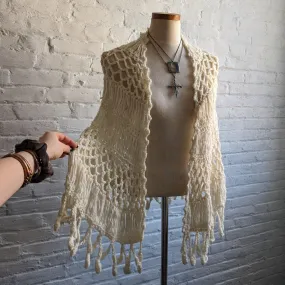 Vintage Japanese Hand Crochet Wrap Fringe Minimalist Festival Boho Sweater Shawl