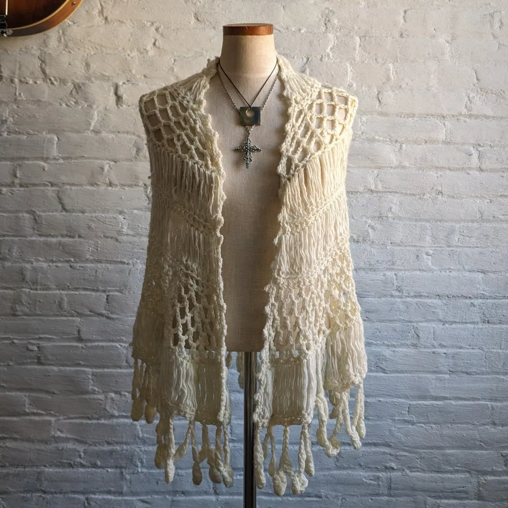 Vintage Japanese Hand Crochet Wrap Fringe Minimalist Festival Boho Sweater Shawl