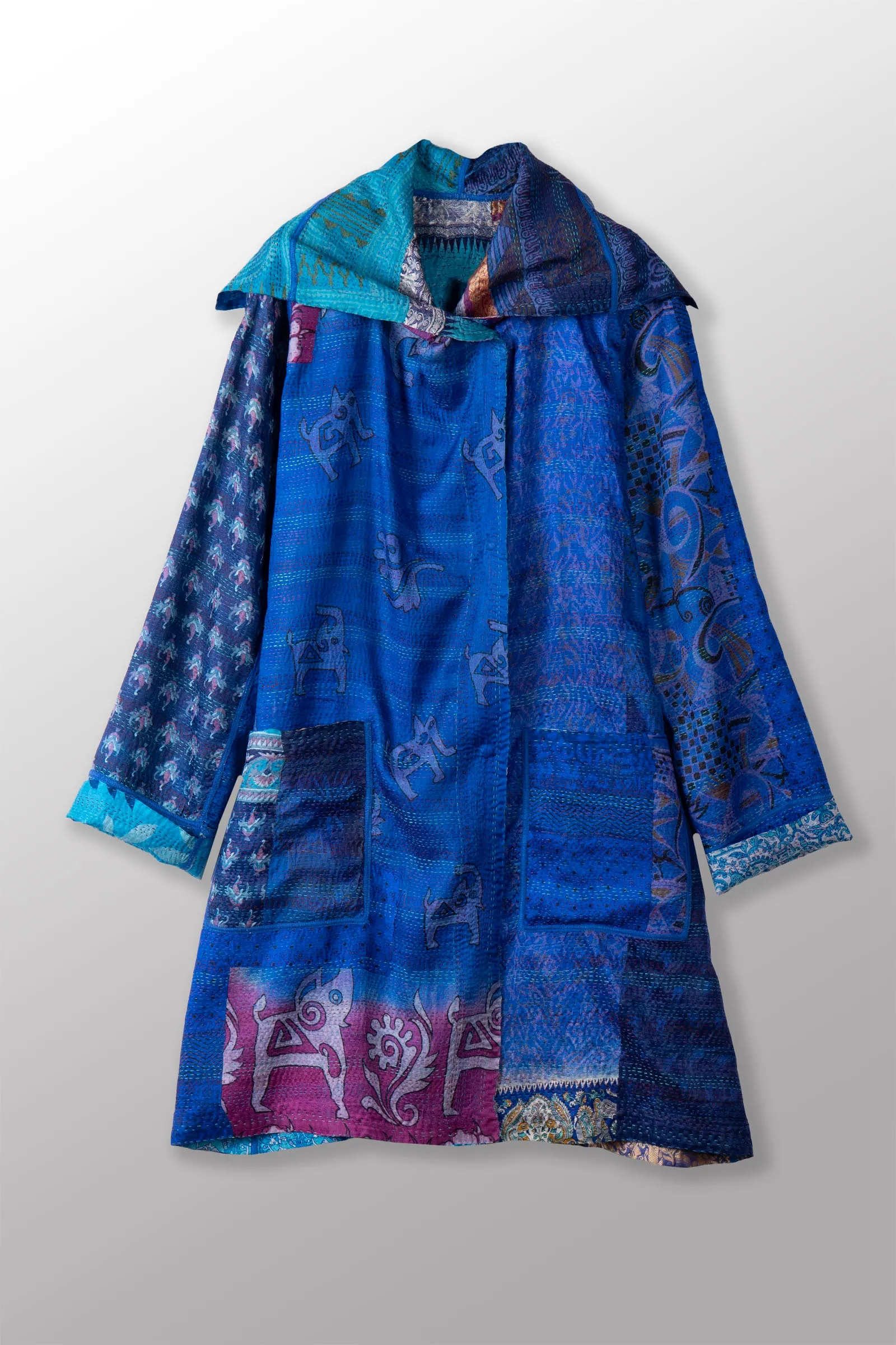 VINTAGE SILK KANTHA POCKET MEDIUM COAT - sv2316-0002a -