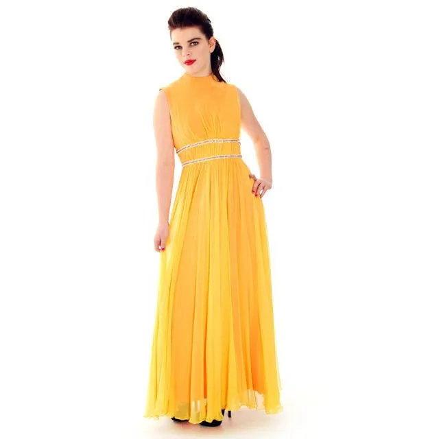 Vintage Yellow Silk Chiffon Maxi Evening Gown Modern Couture 1970s Small