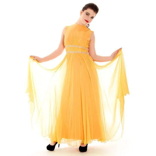 Vintage Yellow Silk Chiffon Maxi Evening Gown Modern Couture 1970s Small