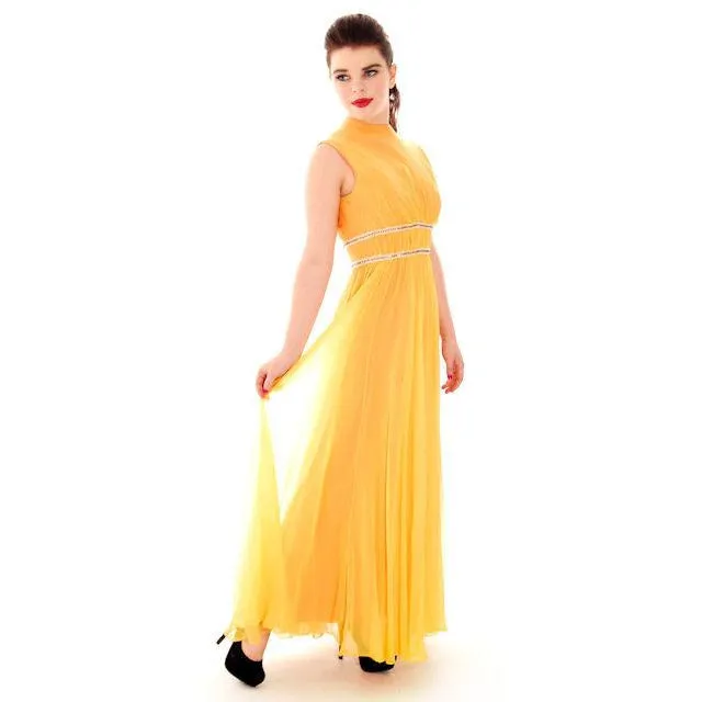 Vintage Yellow Silk Chiffon Maxi Evening Gown Modern Couture 1970s Small