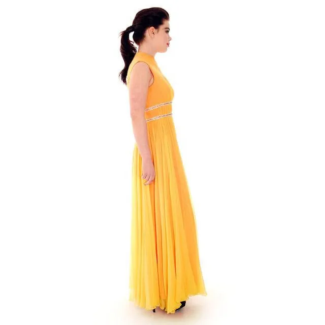 Vintage Yellow Silk Chiffon Maxi Evening Gown Modern Couture 1970s Small