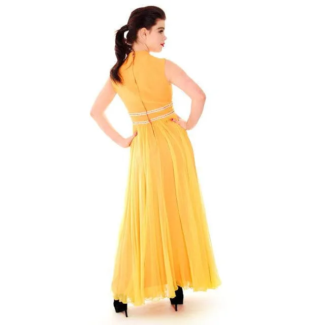 Vintage Yellow Silk Chiffon Maxi Evening Gown Modern Couture 1970s Small