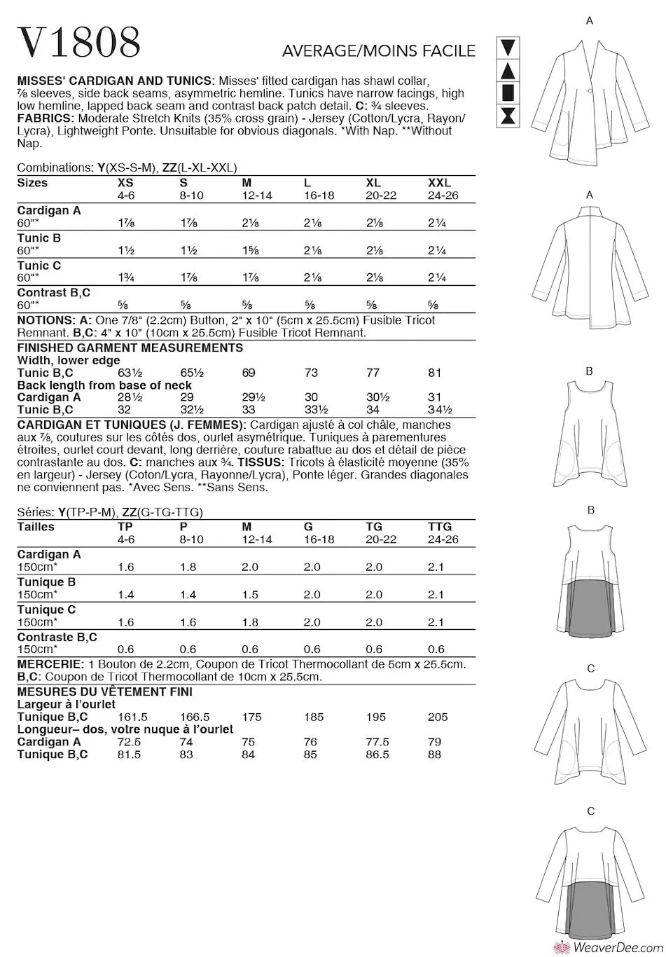 Vogue Pattern V1808 Misses' Cardigan & Tunics