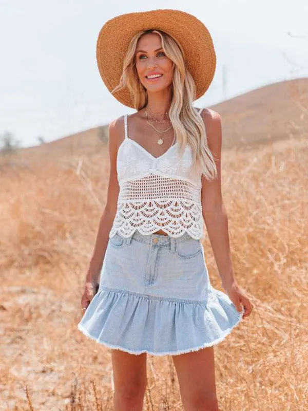 Washed denim pleated skirt