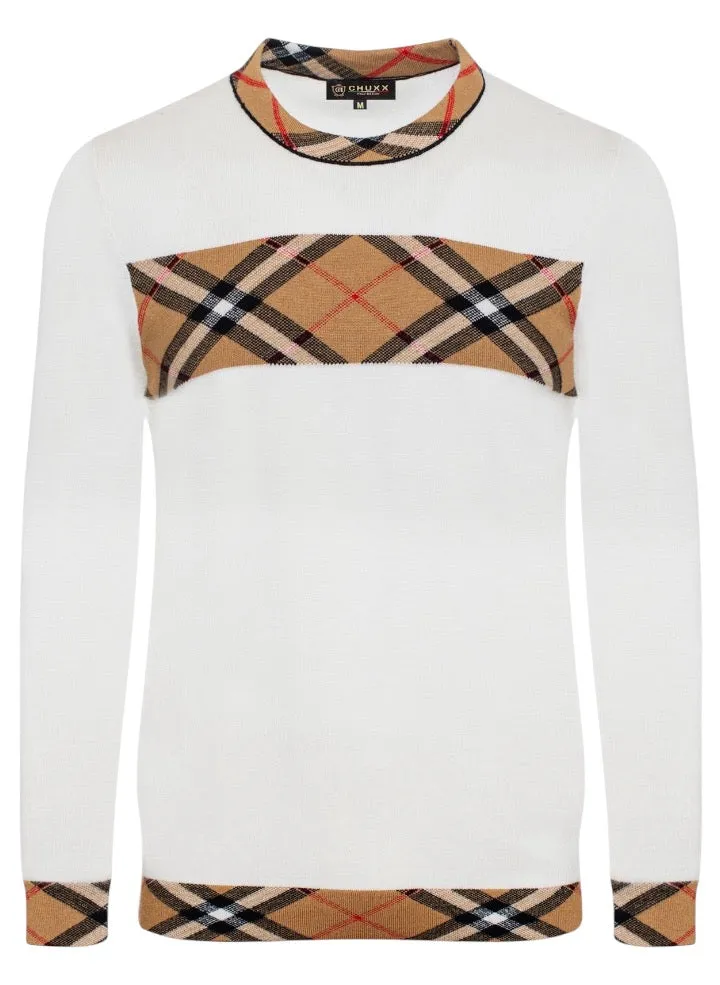 White Crewneck Sweater Plaid Design Men's Pullover Regular-Fit Style No: SW-145