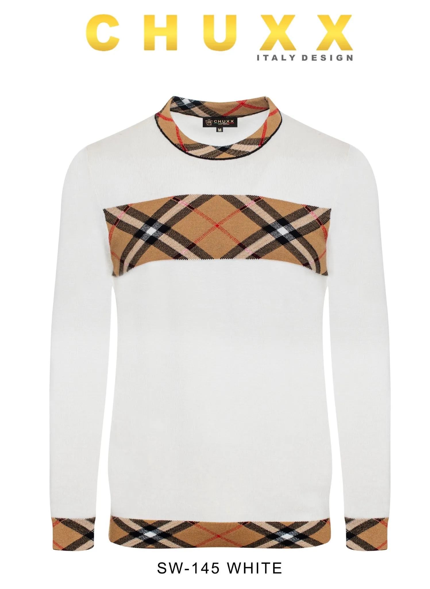 White Crewneck Sweater Plaid Design Men's Pullover Regular-Fit Style No: SW-145