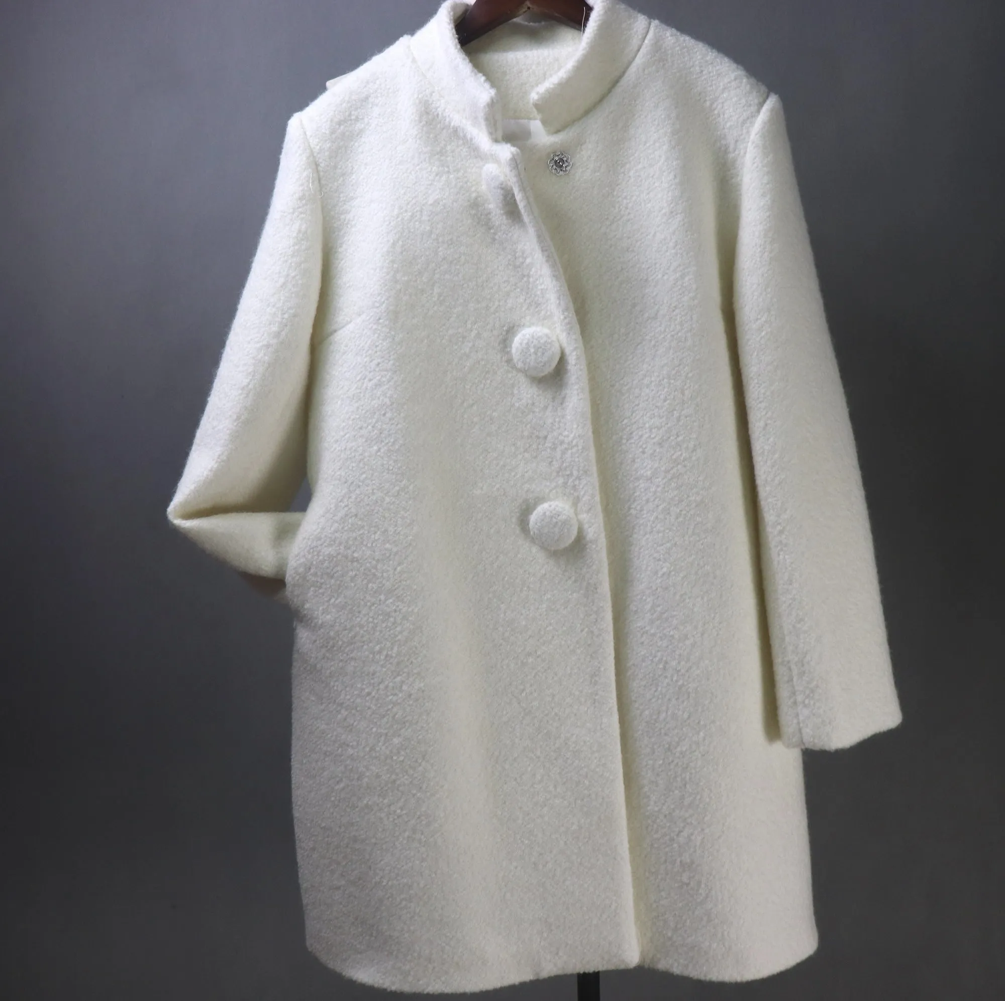 White Wool Loose Fit Long Coat with Stand-Up Collar