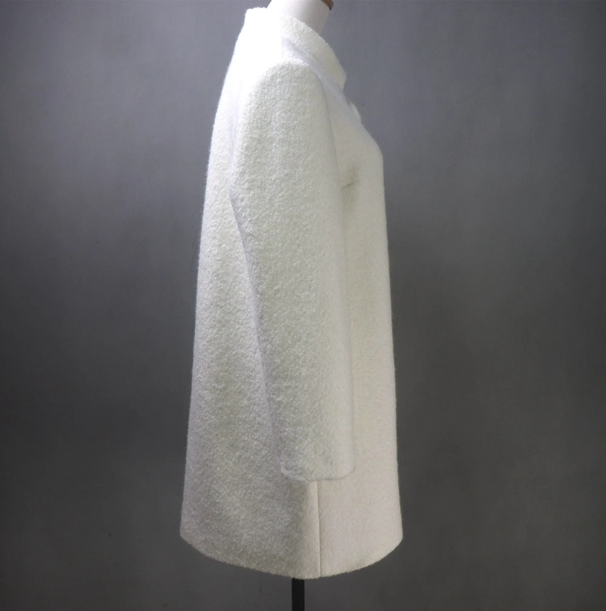 White Wool Loose Fit Long Coat with Stand-Up Collar