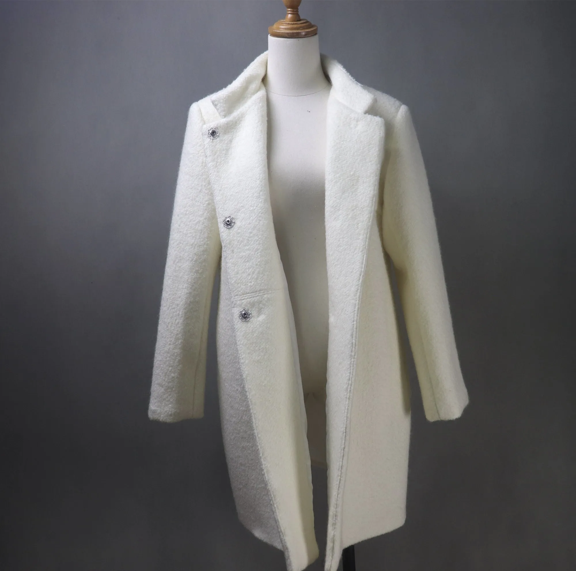 White Wool Loose Fit Long Coat with Stand-Up Collar