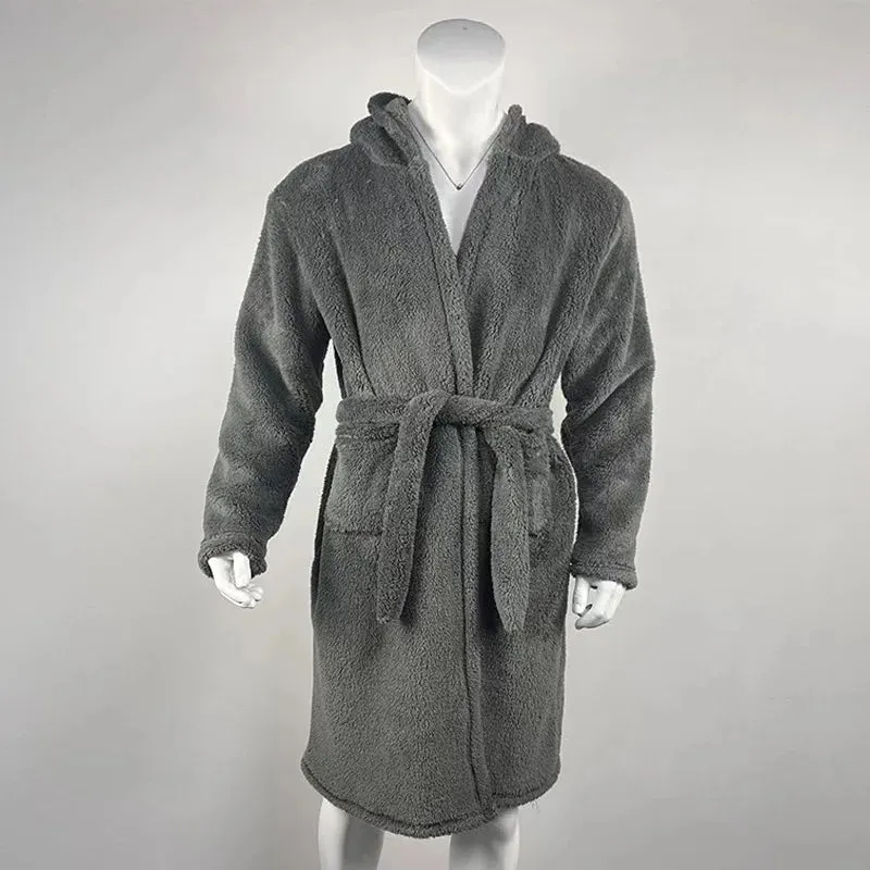 Wiaofellas  -  Men Winter Warm Robes Thick Lengthened Plush Shawl Bathrobe Kimono Home Clothes Long Sleeved Fleece Robe Coat Peignoir Homme