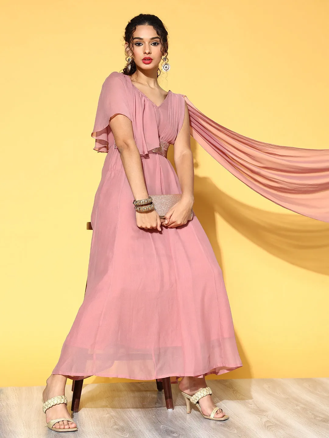 Women Baked Pink Drape Dupatta Anarkali Maxi Dress