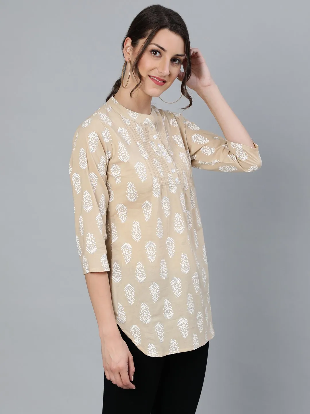 Women Beige & White Printed Tunic With Mandarin Collar & Three Quarter Sleeves