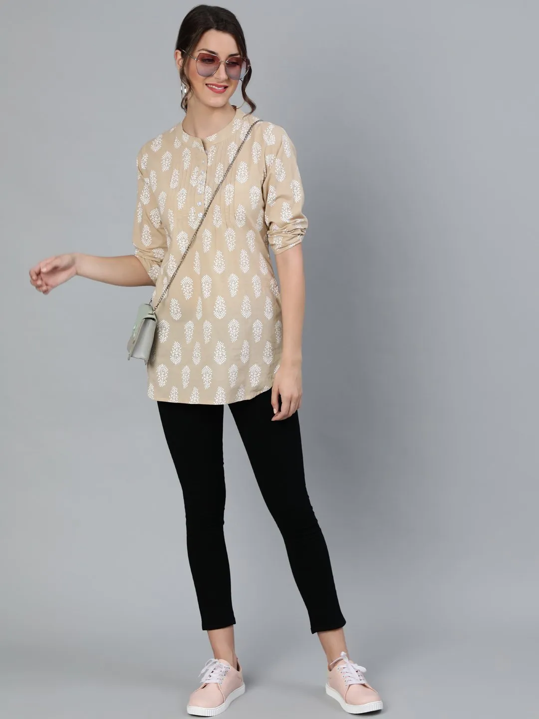 Women Beige & White Printed Tunic With Mandarin Collar & Three Quarter Sleeves