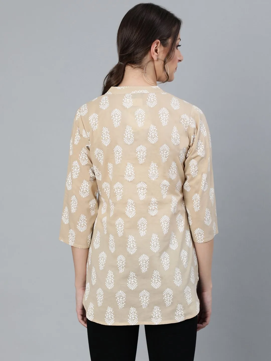 Women Beige & White Printed Tunic With Mandarin Collar & Three Quarter Sleeves