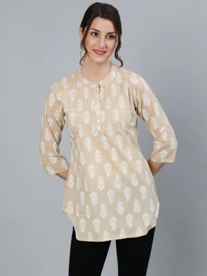 Women Beige & White Printed Tunic With Mandarin Collar & Three Quarter Sleeves