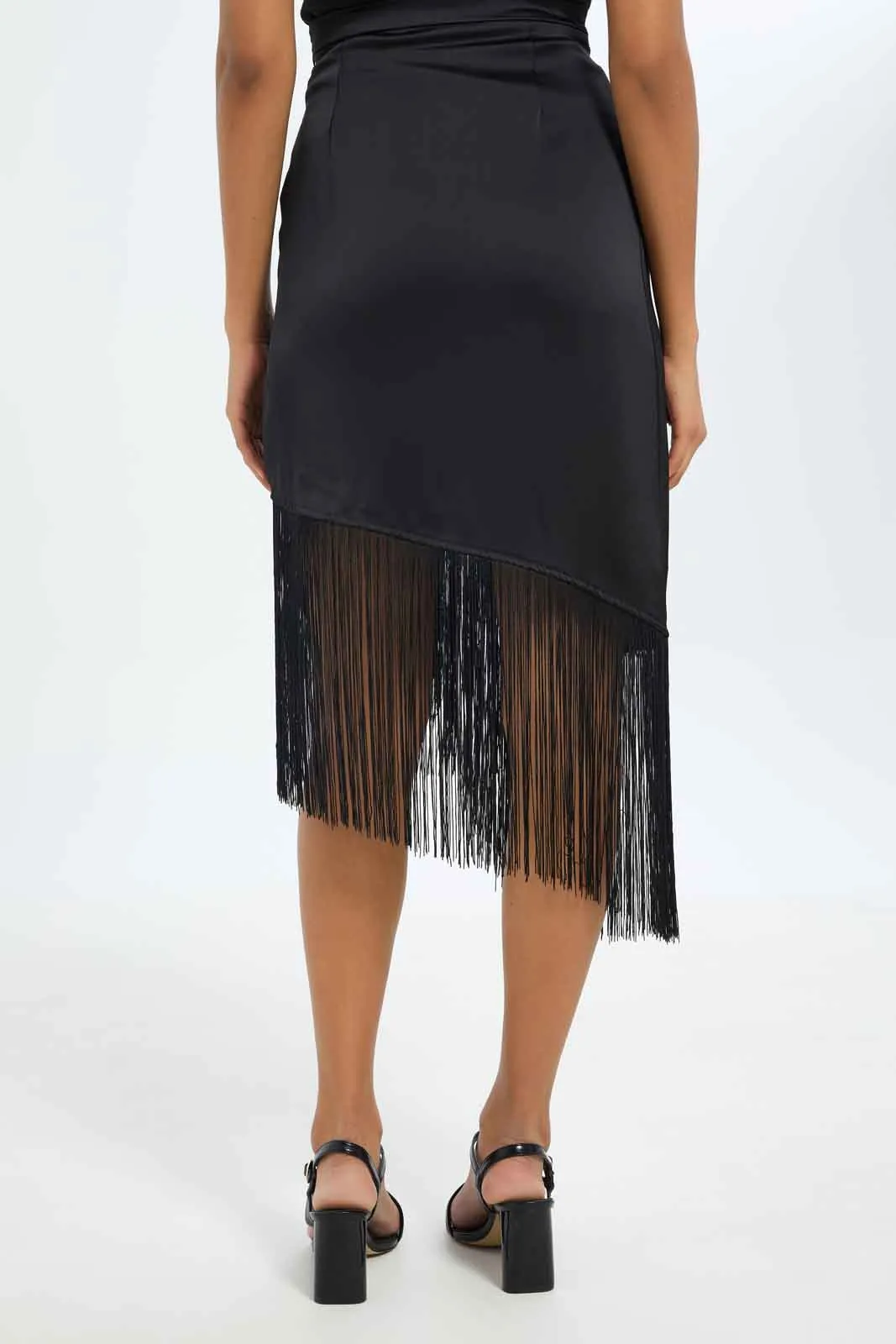 Women Black Tassel Mid Skirt