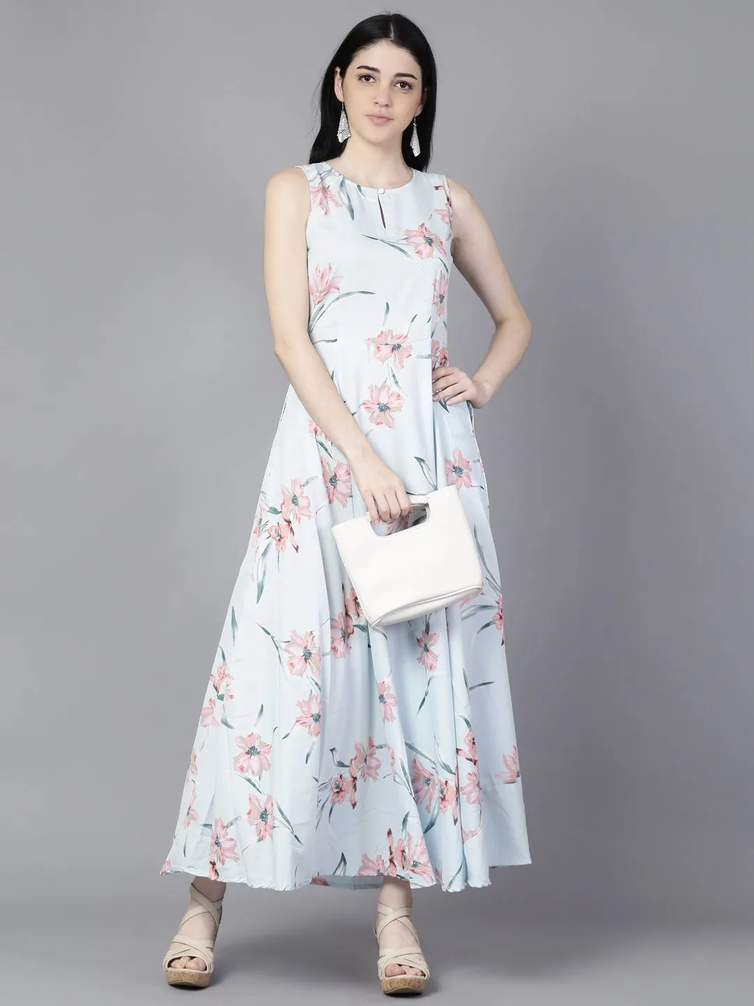 Women Blue Floral Printed Sleevless Maxi Dress