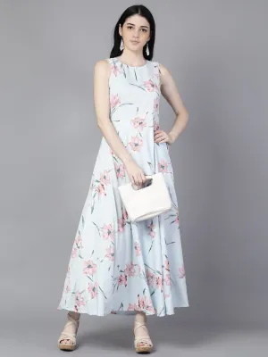 Women Blue Floral Printed Sleevless Maxi Dress