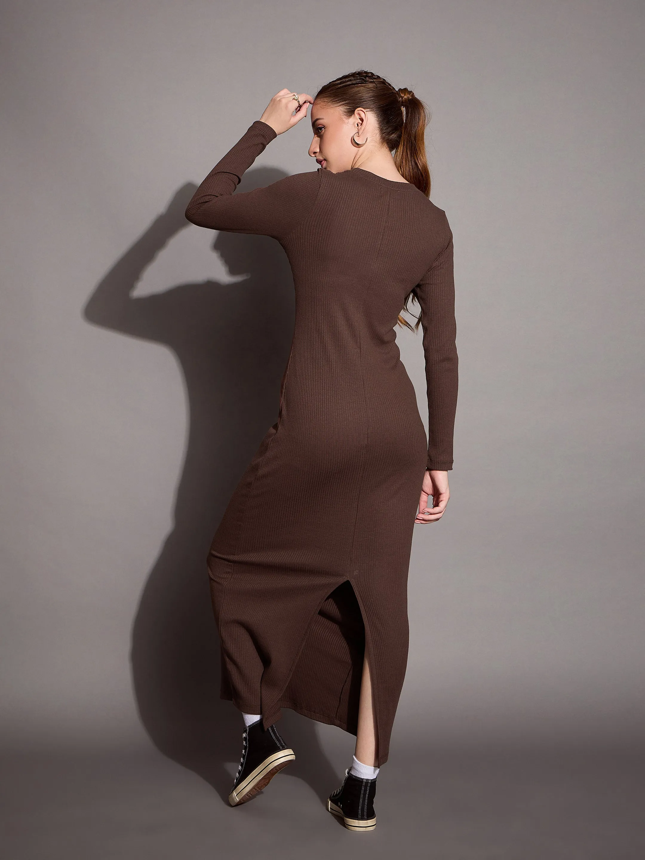 Women Brown Ribbed Bodycon Maxi Dress