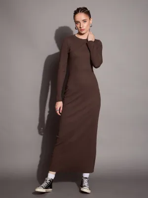 Women Brown Ribbed Bodycon Maxi Dress