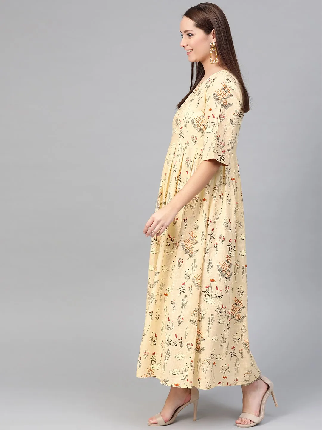 Women Cream & Orange Floral Printed Maxi Dress