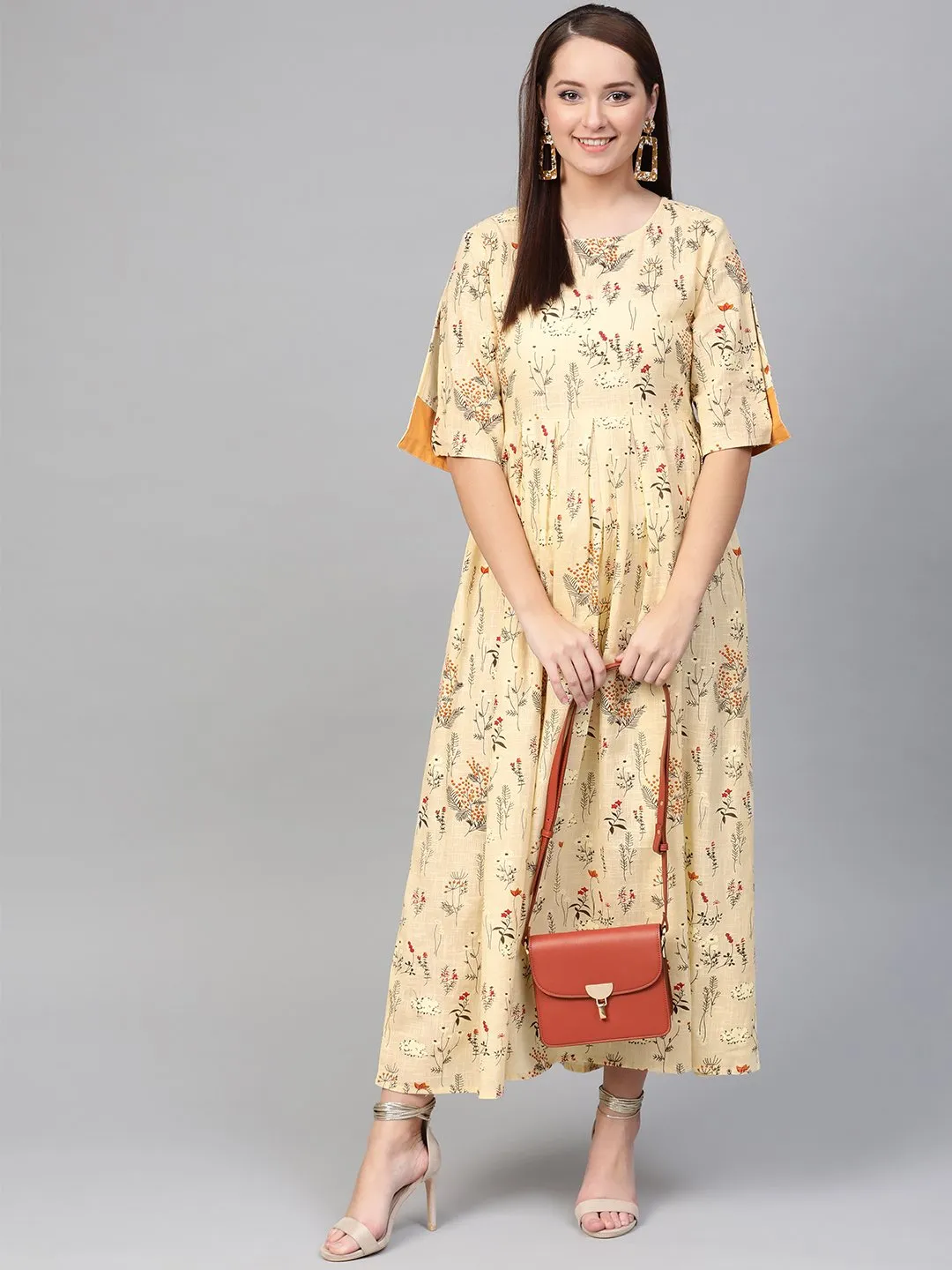 Women Cream & Orange Floral Printed Maxi Dress