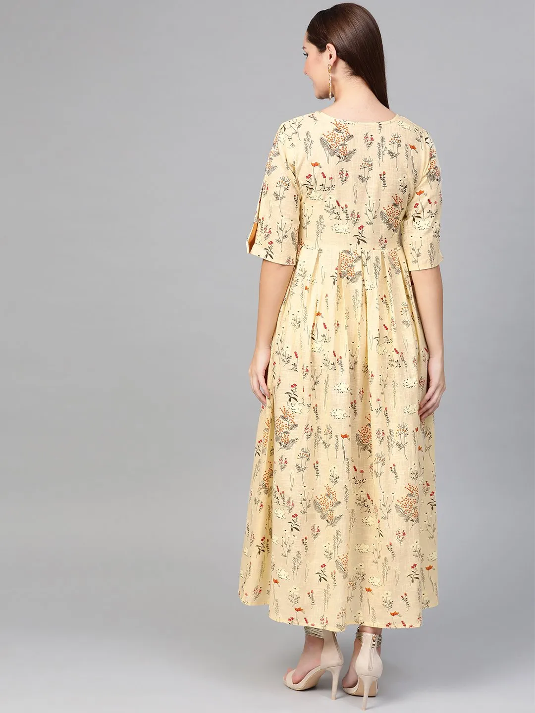 Women Cream & Orange Floral Printed Maxi Dress