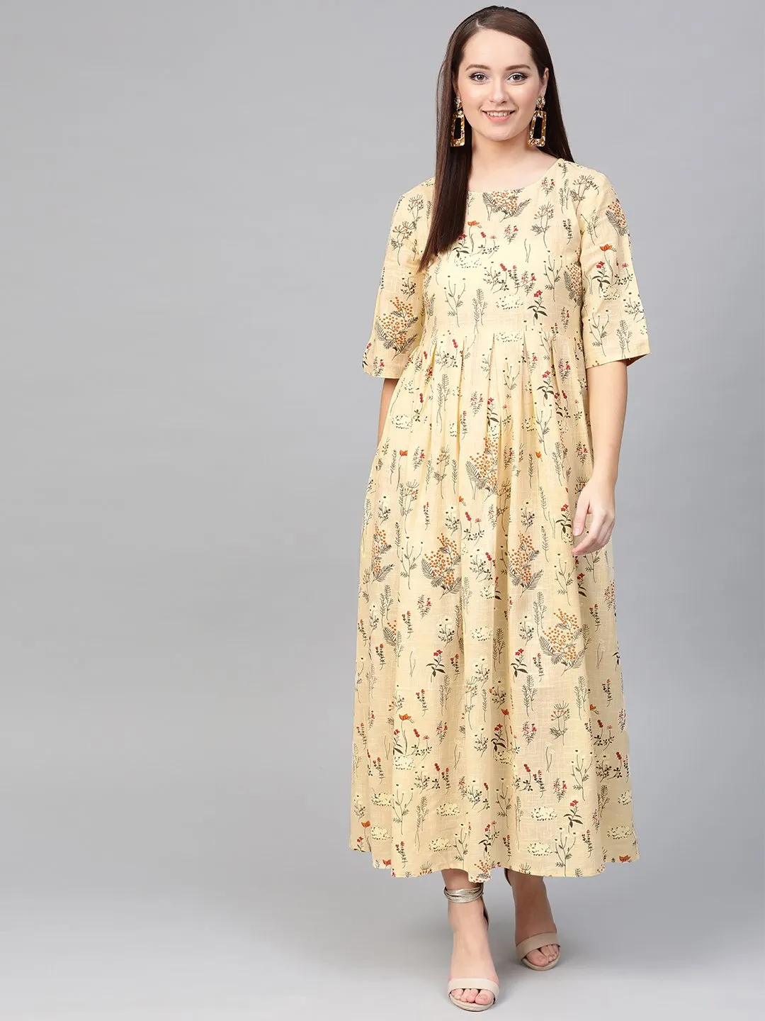 Women Cream & Orange Floral Printed Maxi Dress