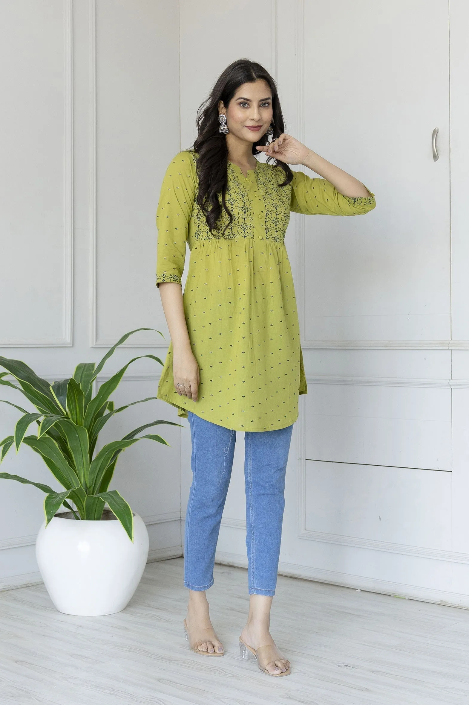 Women Green Printed 3/4Th Sleeve Cotton Tunic