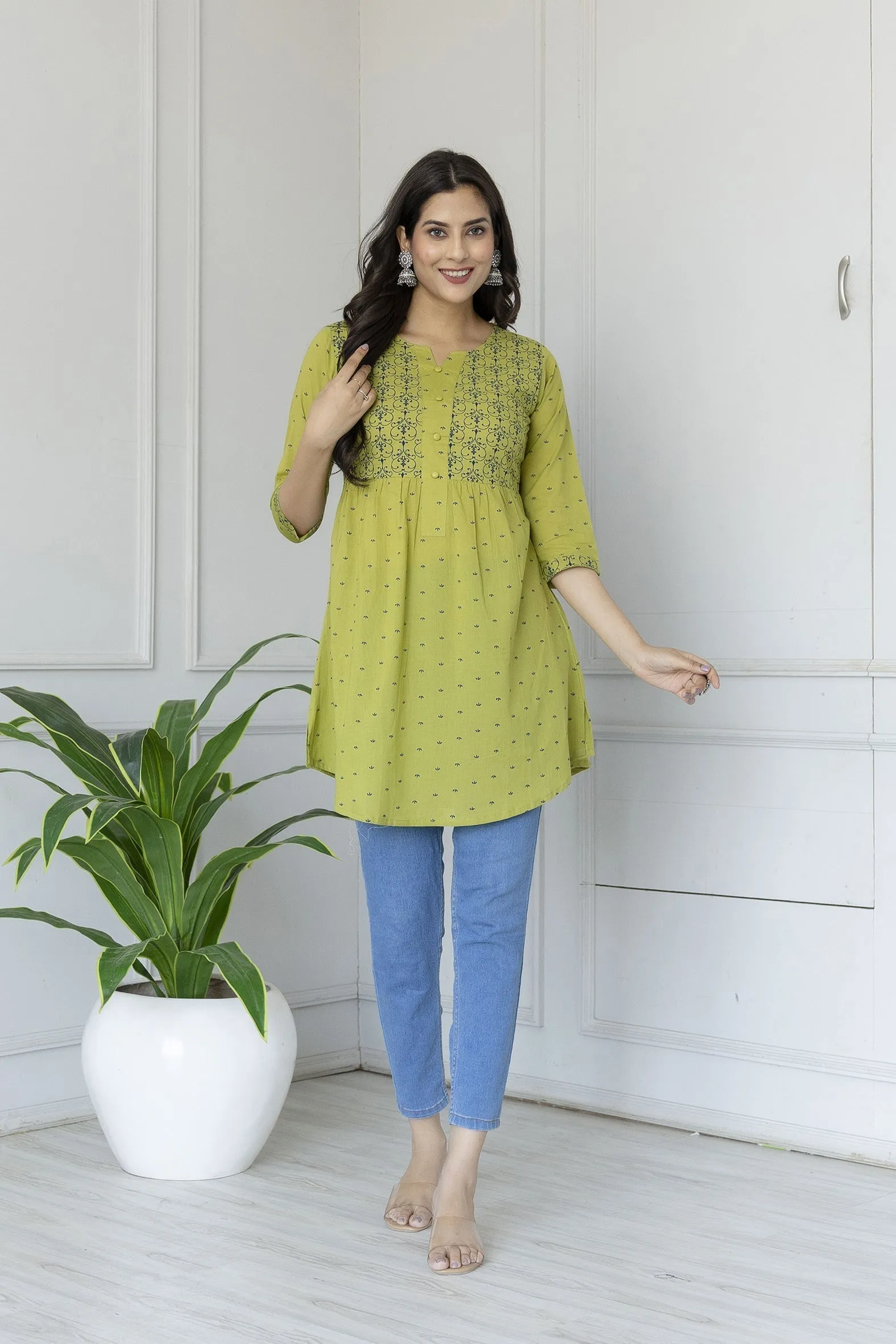 Women Green Printed 3/4Th Sleeve Cotton Tunic