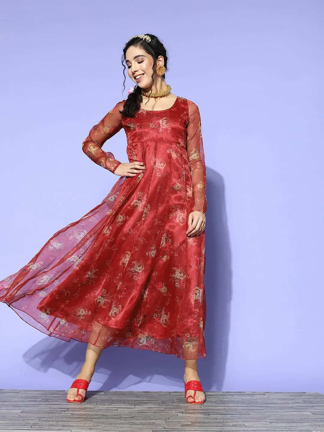 Women Maroon Organza Floral Anarkali Maxi Dress