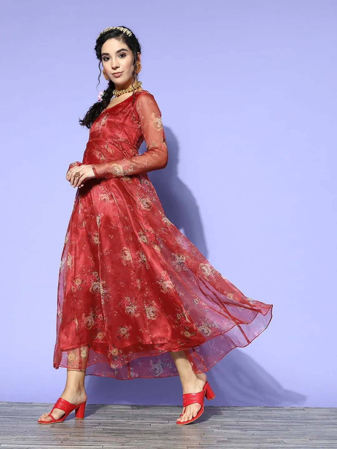 Women Maroon Organza Floral Anarkali Maxi Dress