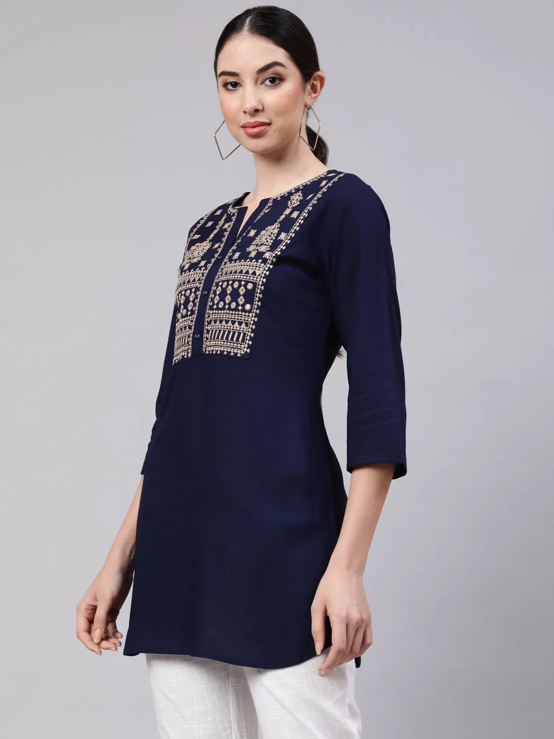 Women Navy Blue Embroidered Straight Tunic