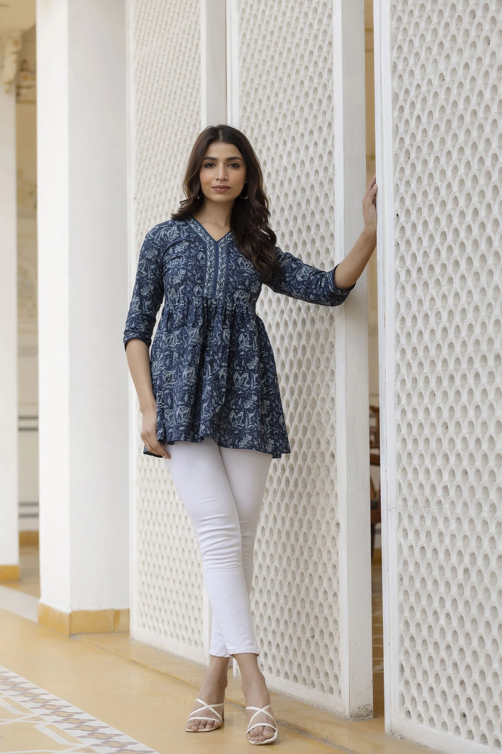 Women Navy Blue Floral Printed Peplum Tunic