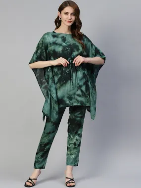 Women Olive Green Tie Dye Printed Rayon Kaftan Tunic With Trousers