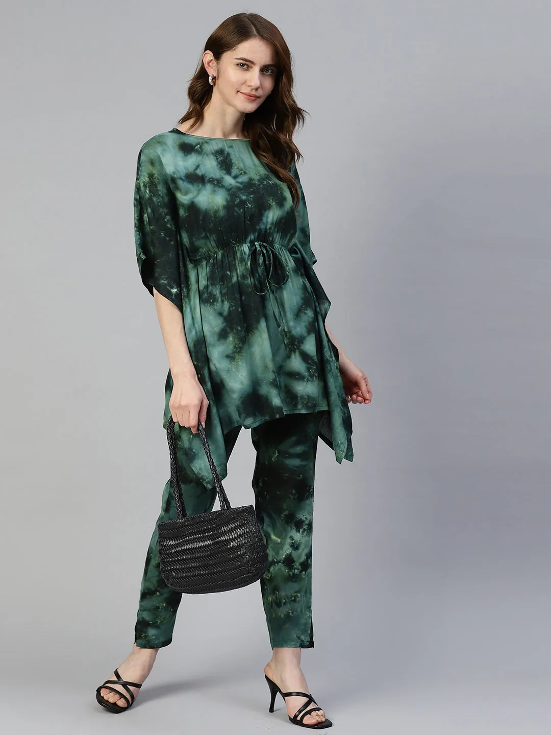 Women Olive Green Tie Dye Printed Rayon Kaftan Tunic With Trousers