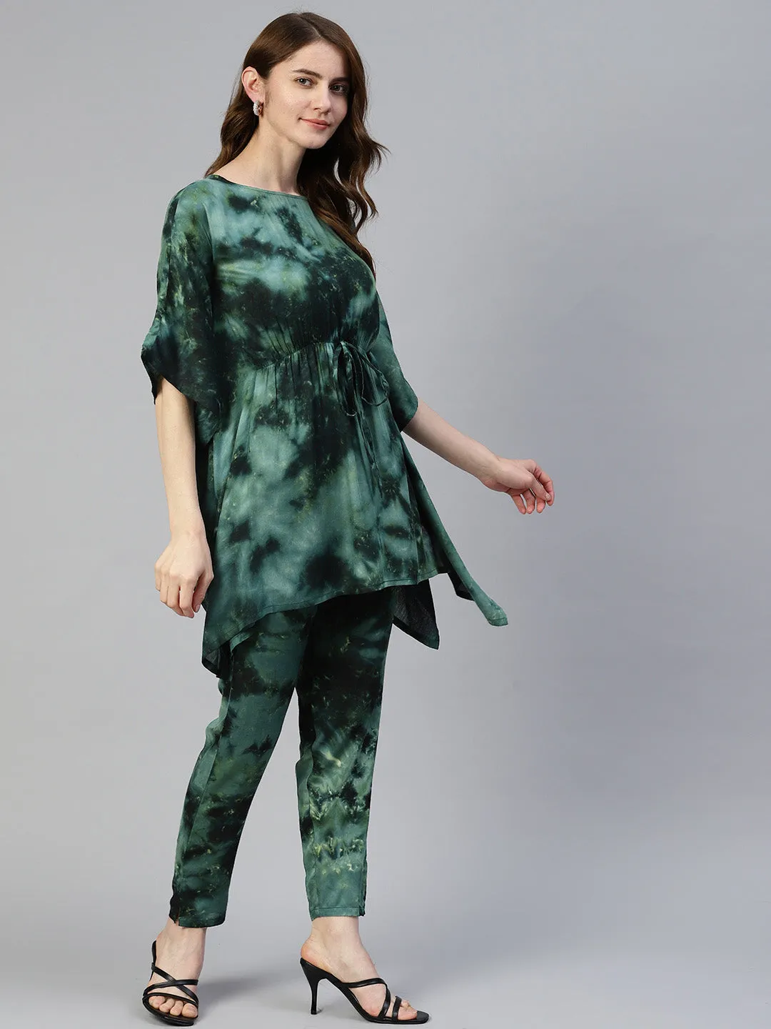 Women Olive Green Tie Dye Printed Rayon Kaftan Tunic With Trousers