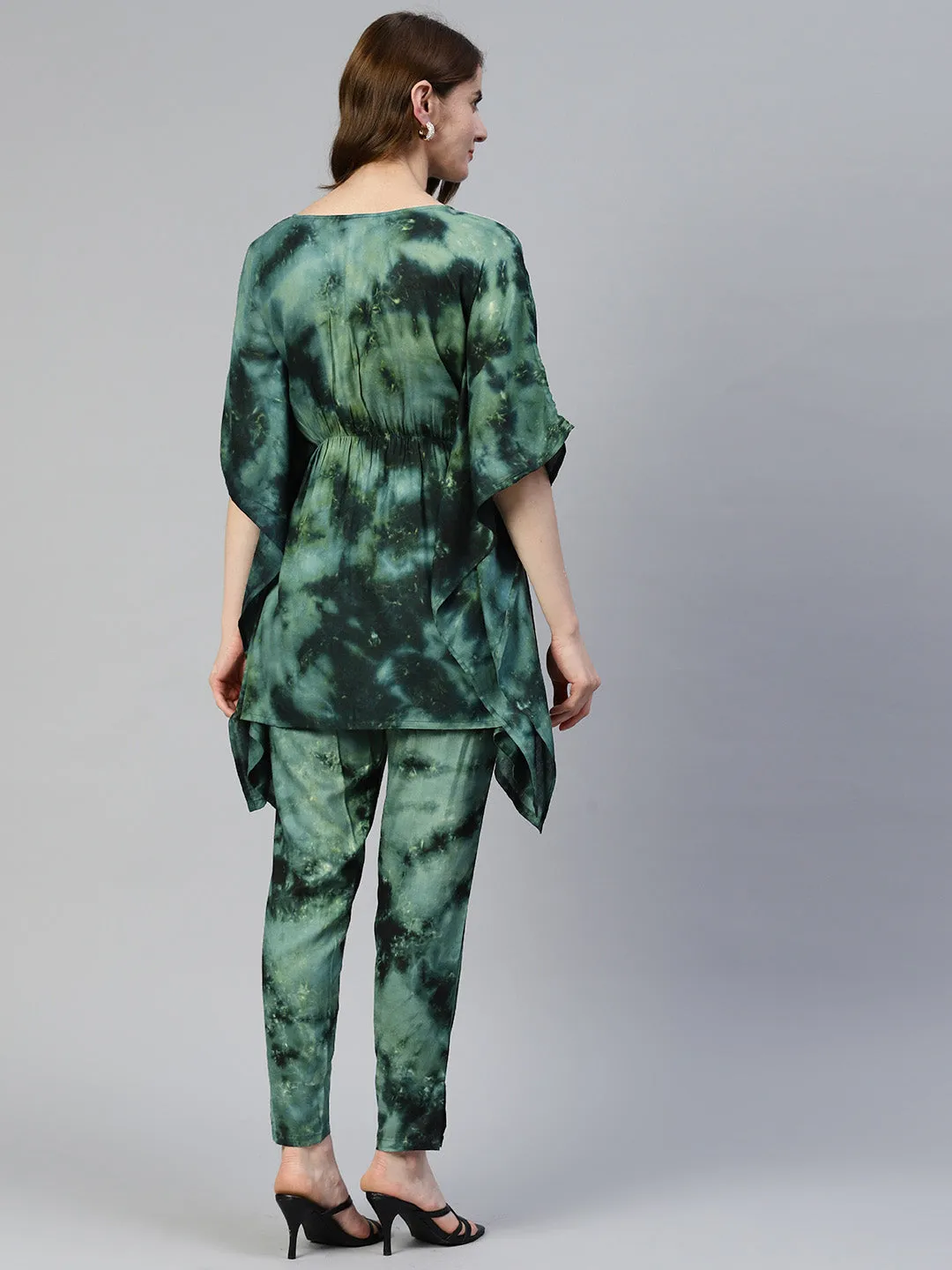 Women Olive Green Tie Dye Printed Rayon Kaftan Tunic With Trousers