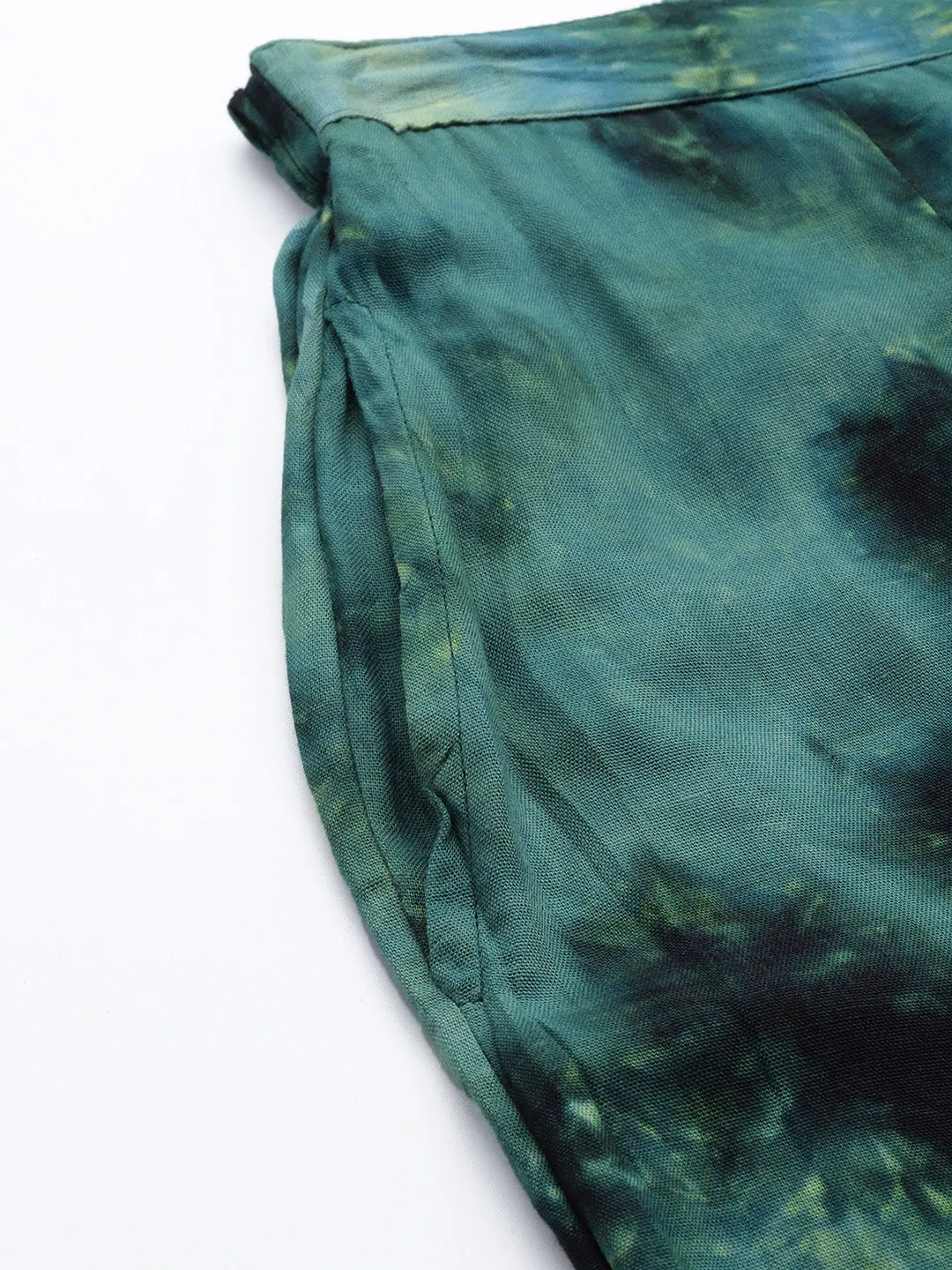 Women Olive Green Tie Dye Printed Rayon Kaftan Tunic With Trousers