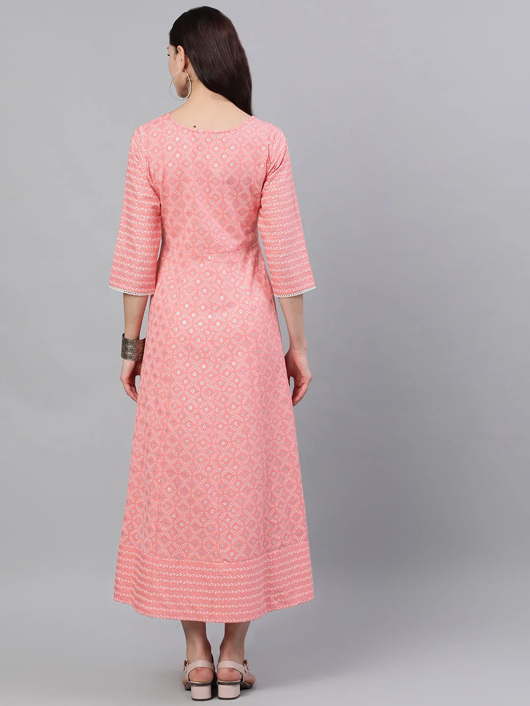 Women Pink Ethnic Motifs Checked Round Neck Cotton Maxi Dress