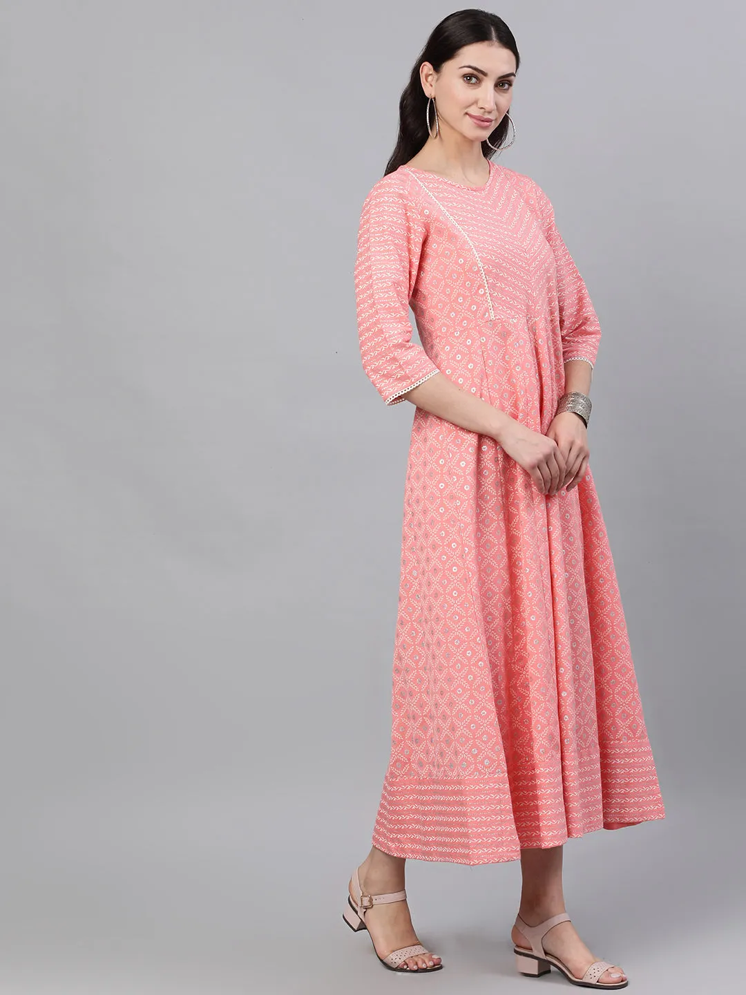 Women Pink Ethnic Motifs Checked Round Neck Cotton Maxi Dress