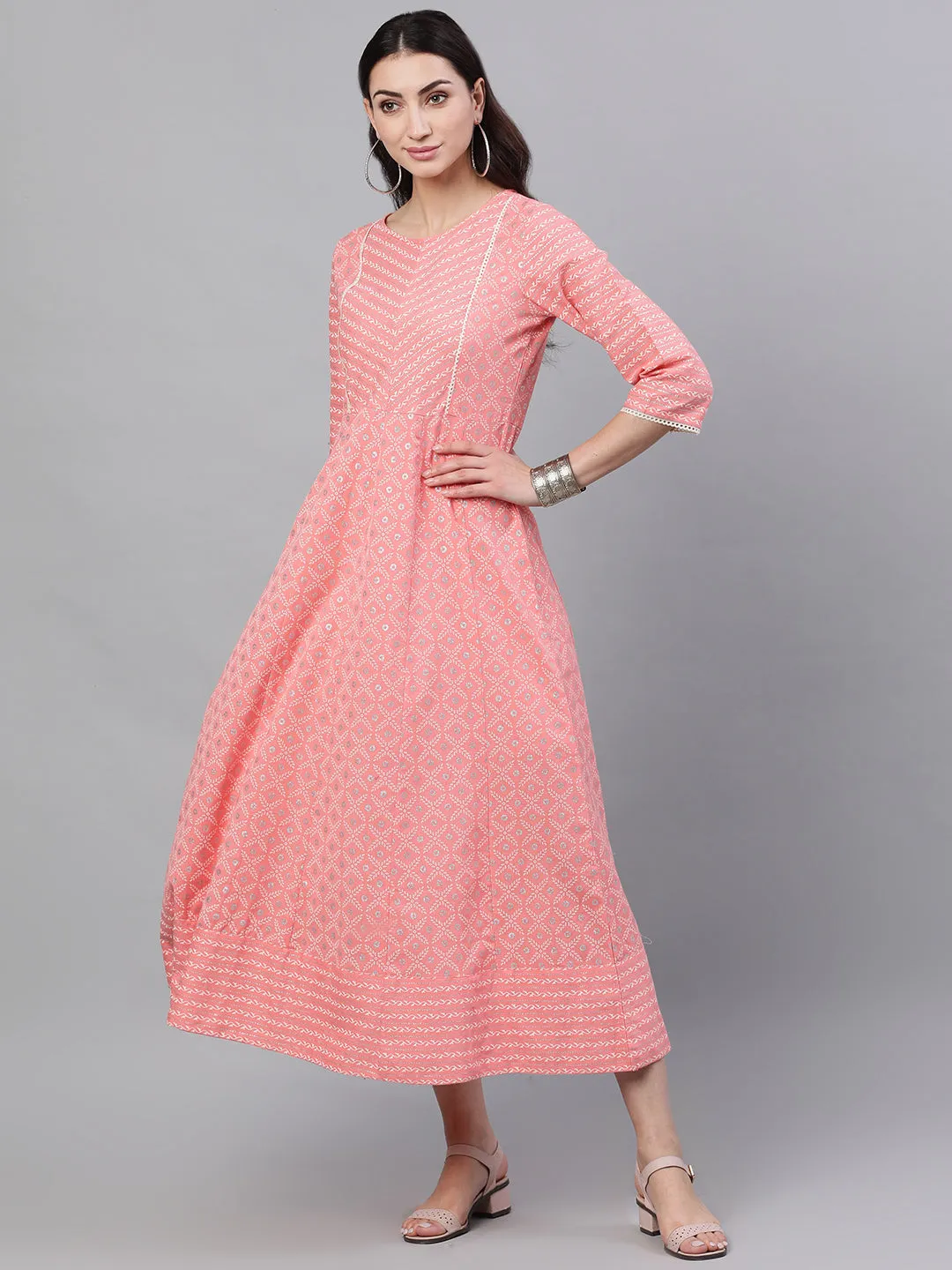 Women Pink Ethnic Motifs Checked Round Neck Cotton Maxi Dress