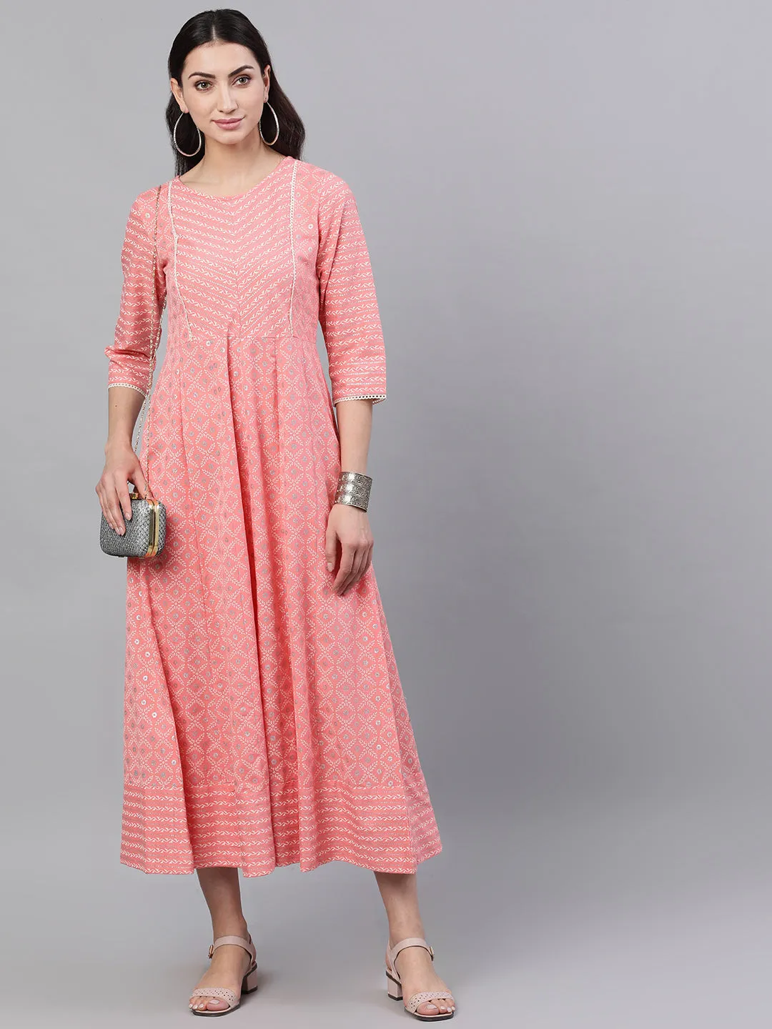 Women Pink Ethnic Motifs Checked Round Neck Cotton Maxi Dress