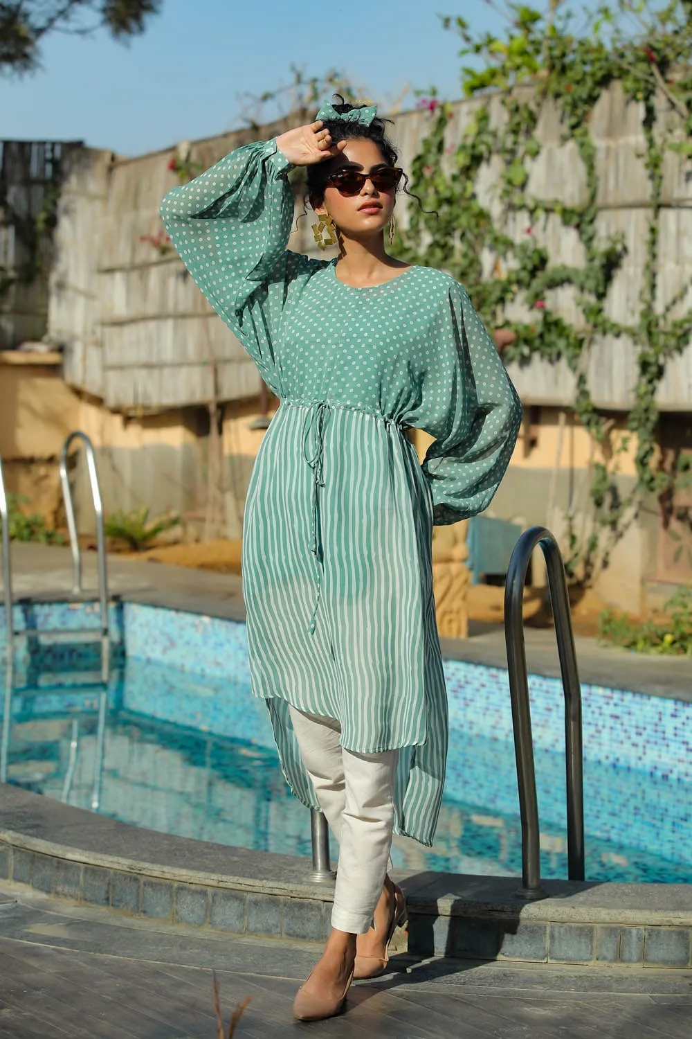 Women Sage Green Georgette Striped Tunic