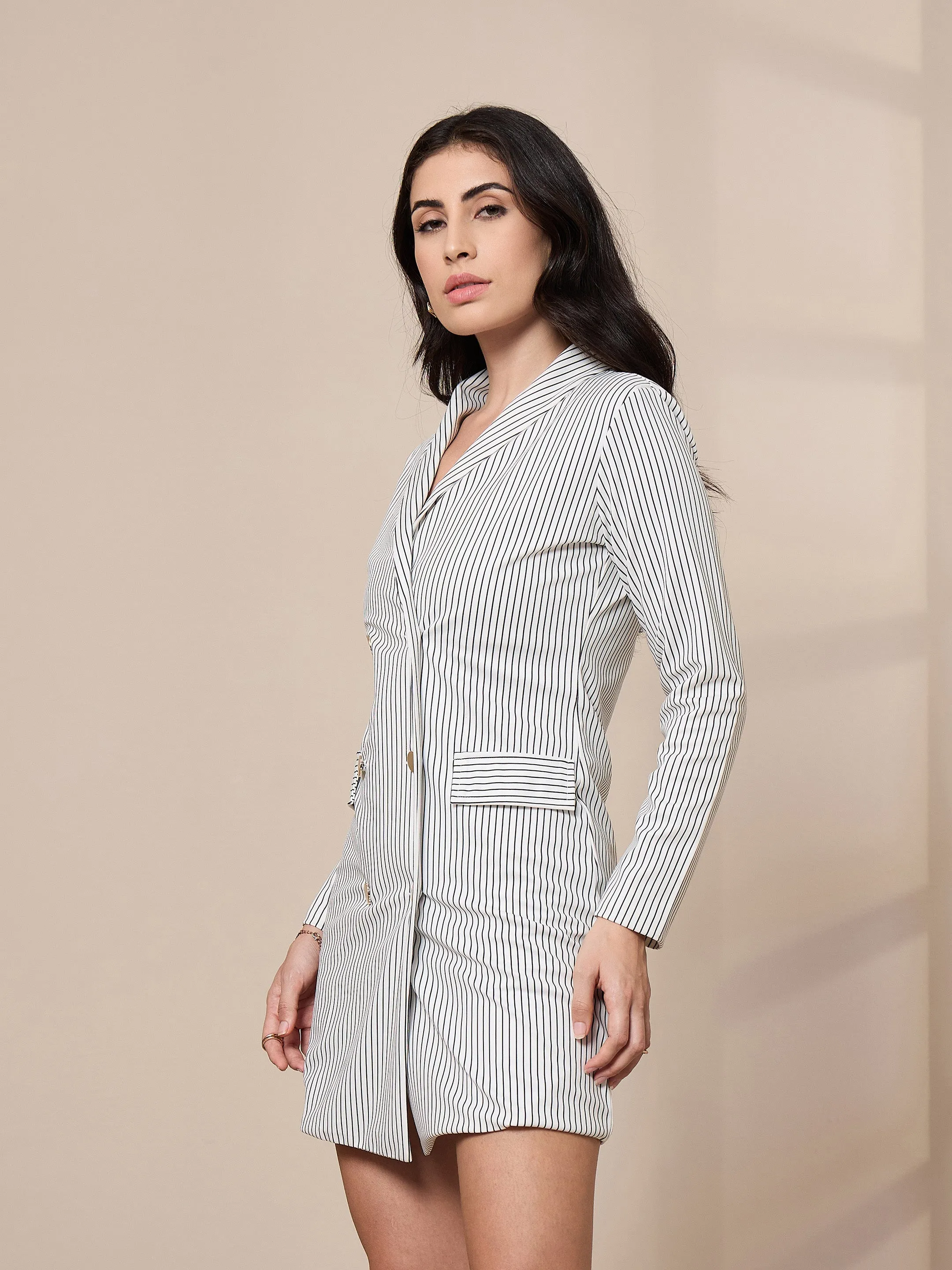 Women White Striped Double Breasted Blazer Dress