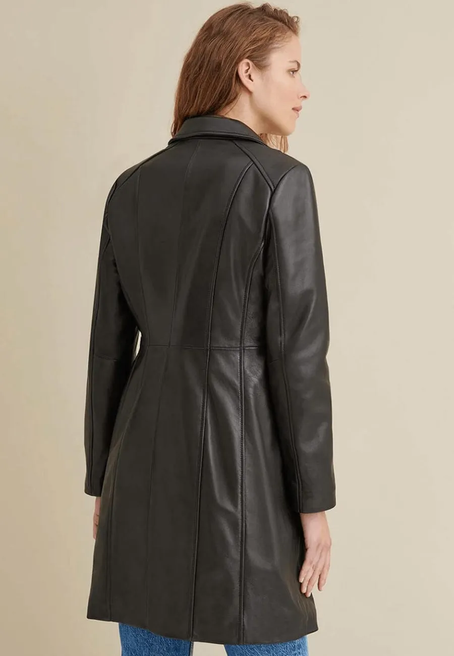 Women’s Classic Black Leather Long Trench Coat