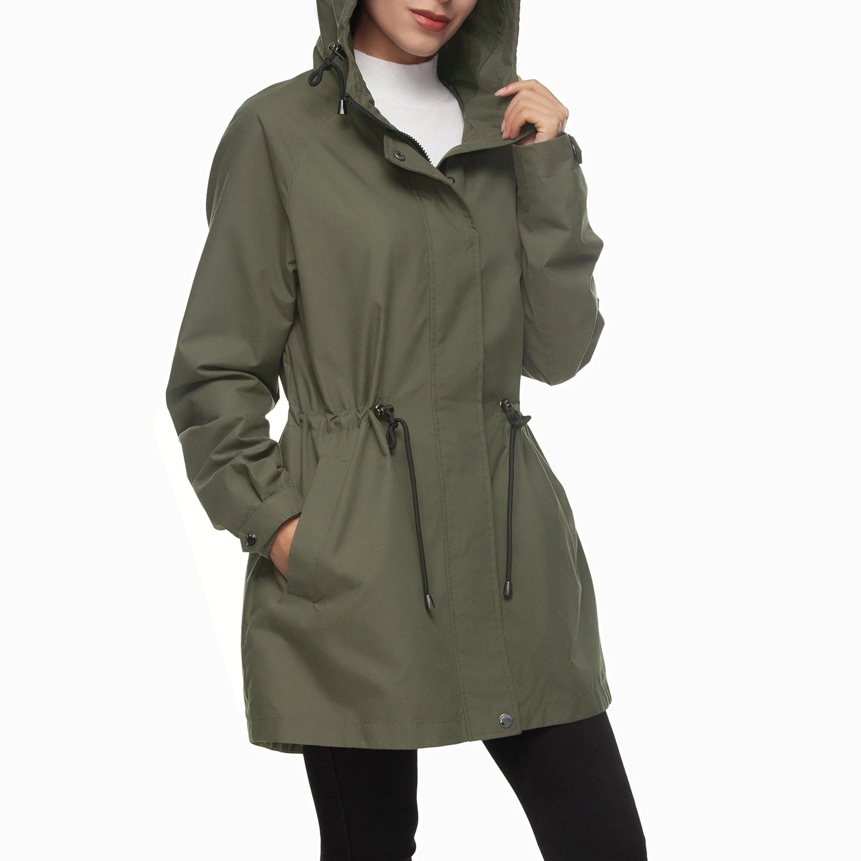 Women's Water-Resistant Anorak Hooded Rain Jacket Trench Coat